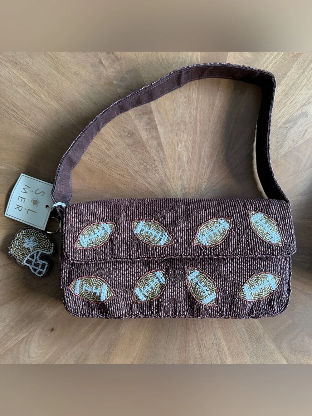 Sol and Mer Brown Beaded Football Motif Shoulder Bag